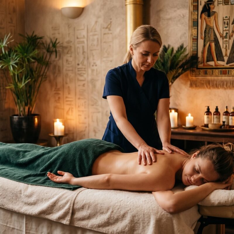 Kobieta o europejskiej urodzie podczas masażu pleców w luksusowym gabinecie Alchemy Day Spa w Warszawie, otoczenie w stylu starożytnego Egiptu z hieroglifami i świecami.