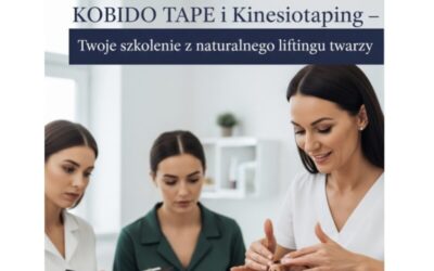 Plakat reklamowy szkolenia z KOBIDO TAPE i Kinesiotapingu twarzy, prowadzonego przez Joannę Stajszczak. Grafika pokazuje ekspertkę wykonującą masaż na modelce z aplikacją taśm i dwie uczennice robiące notatki. U góry widoczne logo KOBIDOTAPE EXCLUSIVE LIFTING FACIAL.