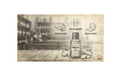 Ołówkowy szkic w stylu vintage przedstawiający butelkę olejku eterycznego Imbir (Zingiber officinale AEQT) oraz korzeń. Grafika ilustruje główne właściwości terapeutyczne: neuroprotekcję, działanie przeciwzapalne i wsparcie trawienia.