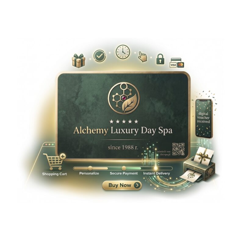 Grafika przedstawiająca proces zakupu online luksusowej karty podarunkowej Alchemy Luxury Day Spa z ikonami koszyka, bezpiecznej płatności i natychmiastowej dostawy cyfrowej.